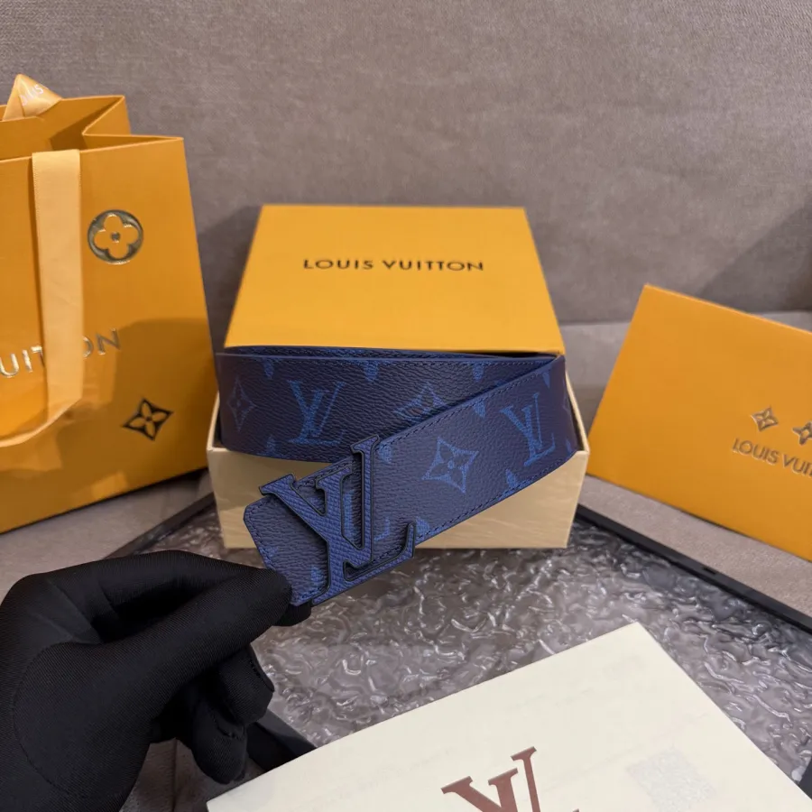 Louis Vuitton Men's LV Buckle Belt In Blue Monogram Canvas With Black/Gold/Silver Hardware 40mm