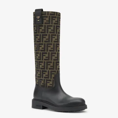 FENDI Black leather and brown FF fabric boots