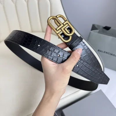 Balenciaga Men's New BB Palladium Buckle Belt In Black Embossed Crocodile Calfskin With Silver/Gold/Matte Black Hardware 35mm