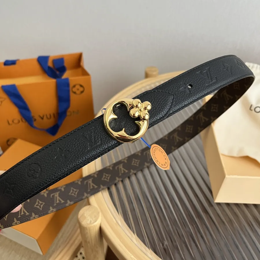 Louis Vuitton Women's Flowergram Round Buckle Reversible Belt In Black/White/Brown Calfskin And Monogram Canvas With Gold Hardware 30mm