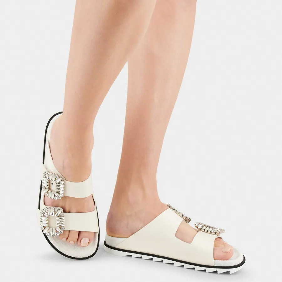 Roger Vivier Slidy Viv' Mules Sandals In White Leather With Crystal Buckle