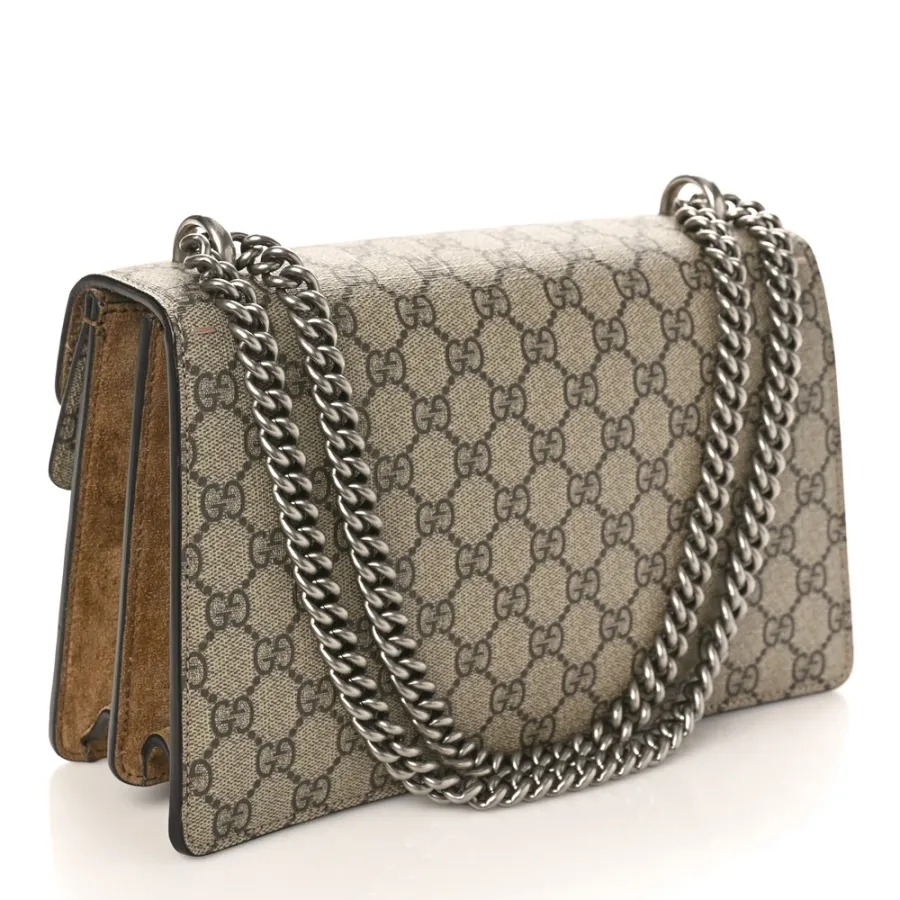 Gucci Small Dionysus Shoulder Bag Taupe GG Supreme Monogram Canvas Aged Silver Hardware