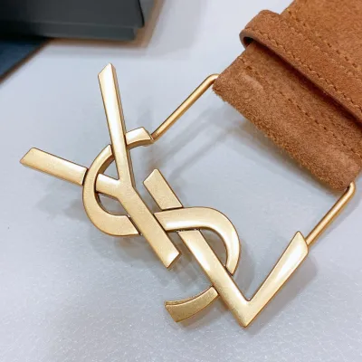 Saint Laurent Pairs Belt In Brown/Coffee Suede Leather With Gold/Silver Hardware 50mm