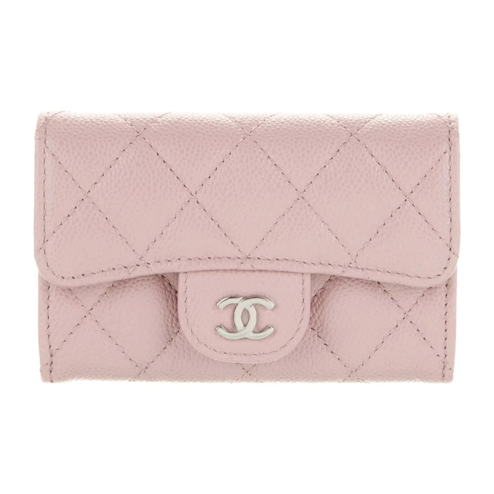Chanel Bolsa Compacta Pequena com Logo CC Entrelaçado Couro Acolchoado Rosa Hardware Prateado