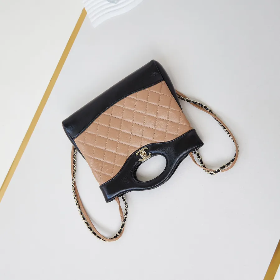 Chanel Quilted Lambskin Leather Black and Milk tea color Crossbody Bags