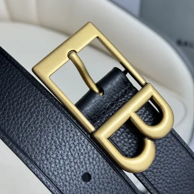 Balenciaga Men's Classic B Large Belt In Black Grained Calfskin With Gold/Silver Hardware 35mm