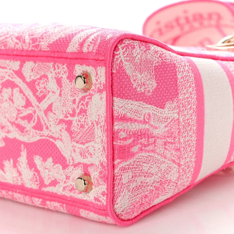 Dior Medium Toile De Jouy Lady D-Lite Fluorescent Pink Reverse Embroidered Canvas Gold Hardware