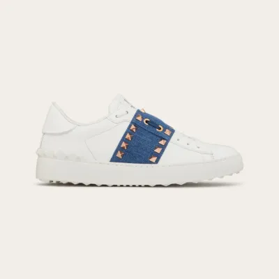 VALENTINO Women's studded denim trim calfskin sneakers
