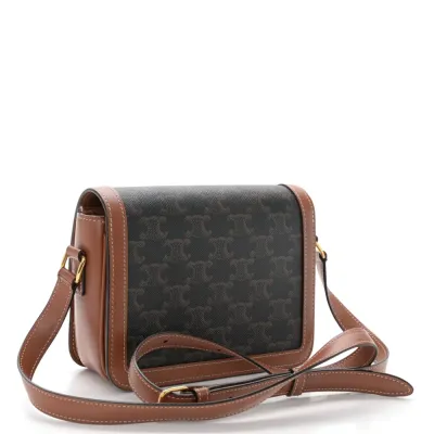 Celine Teen Triomphe Bag Medium Tan Calfskin Leather & Triomphe Canvas Gold Hardware