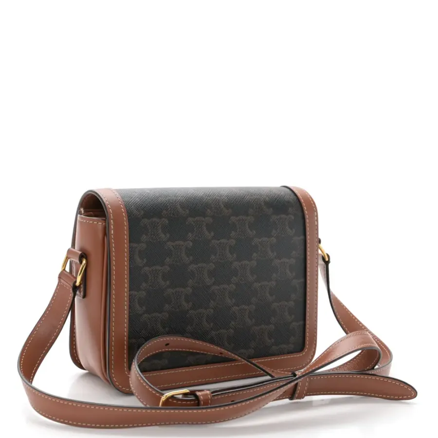 Celine Teen Triomphe Bag Medium Tan Calfskin Leather & Triomphe Canvas Gold Hardware