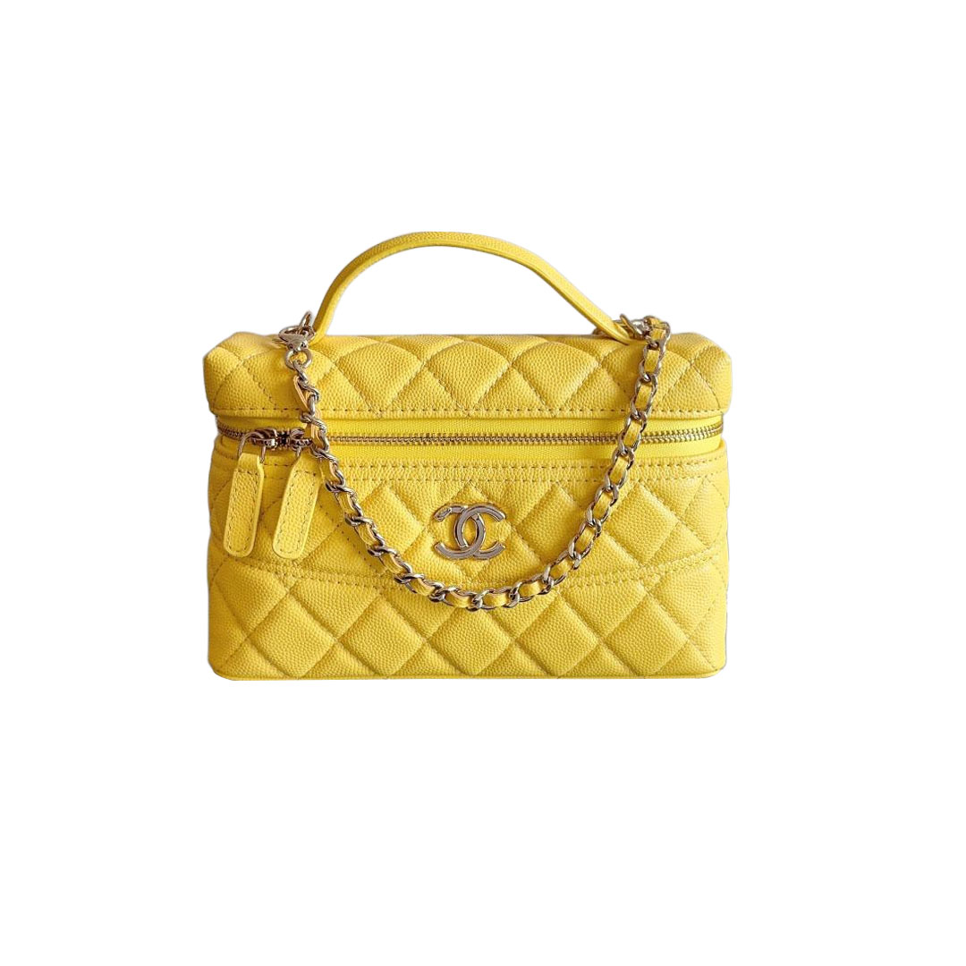 Chanel Bolsa de Maquiagem com Alça em Pele de Bezerro Estampa Lichia nas Cores Amarelo / Rosa / Branco / Cinza / Preto / Damasco