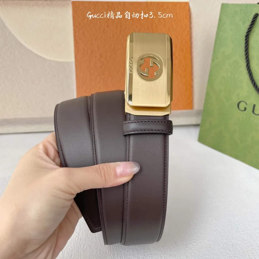 Gucci Men' s Rectangled Buckle Belt In Black/Brown Calfskin With Gold/Silver Hardware 35mm