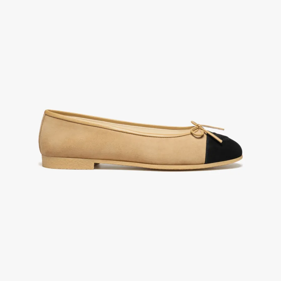 Chanel Flat shoes suede effect sheepskin leather beige and black Ballet  Shoes