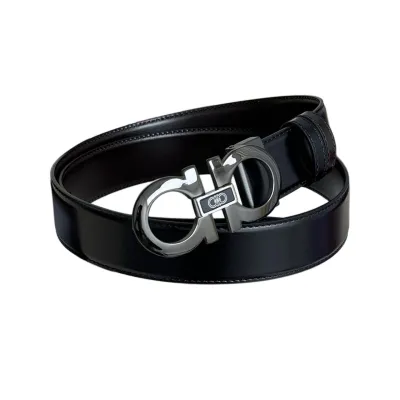 Ferragamo Men's Double Gancini Buckle Belt In Black Calfskin With Gold/Gun Black Hardware 35mm