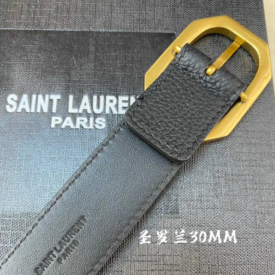 Saint Laurent Frame Buckle Thin Belt In Black Calfskin With Gold Hardware 30mm