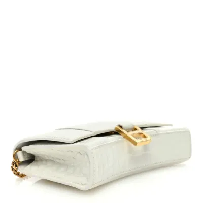 Balenciaga XS Hourglass Chain Bag White Crocodile Embossed Shiny Calfskin Leather Gold Hardware