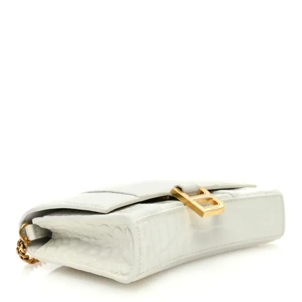 Balenciaga XS Hourglass Chain Bag White Crocodile Embossed Shiny Calfskin Leather Gold Hardware - Image 6