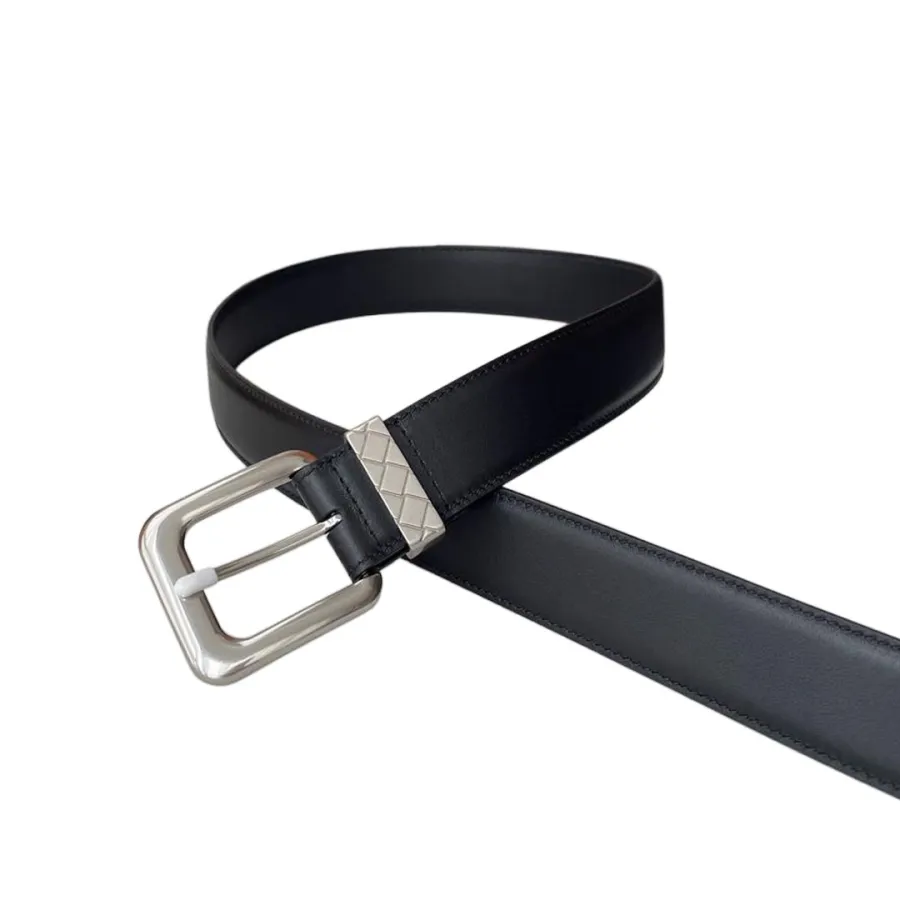Bottega Veneta Men's Square Buckle Reversible Belt In Black Smooth Calfskin With Silver Hardware 35mm