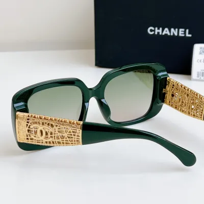 CHANEL square frame glasses green gold color size 54-20-140