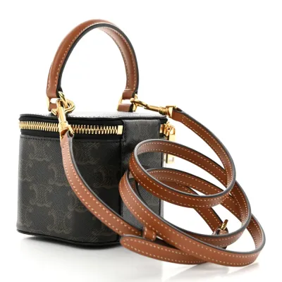 Celine Mini Vanity Case Tan Triomphe Canvas & Calfskin Leather Gold Hardware