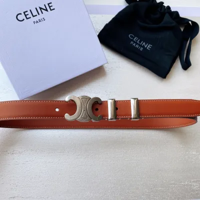 Celine Triomphe Buckle Belt In White/Brown/Black Calfskin With Gold Hardware 25mm