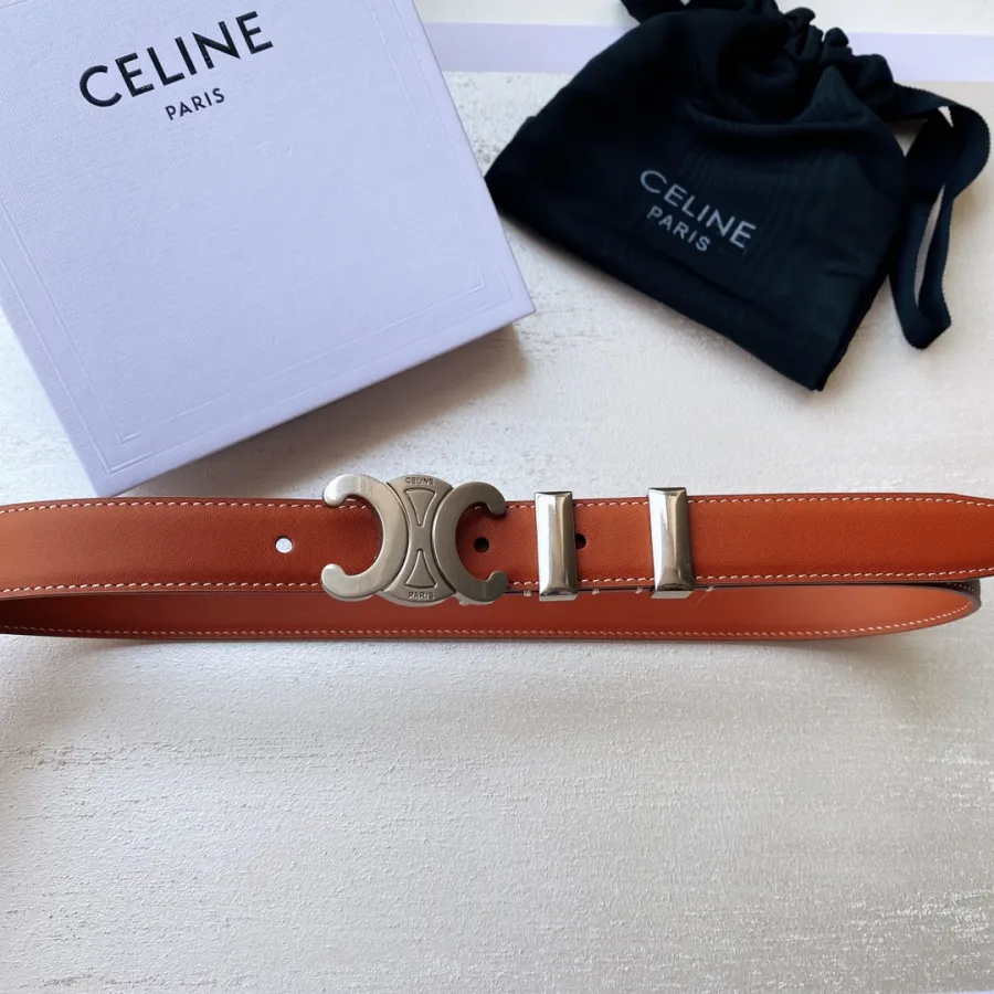 Celine Triomphe Buckle Belt In White/Brown/Black Calfskin With Gold Hardware 25mm