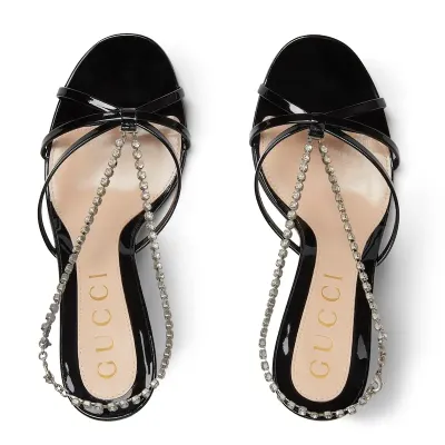 Gucci black crystal chain round head high heels sandal