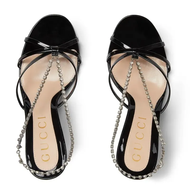 Gucci black crystal chain round head high heels sandal