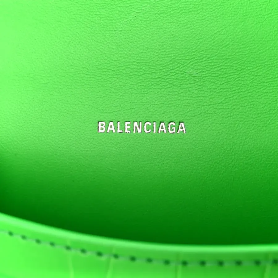Balenciaga XS Hourglass Top Handle Bag Fluo Green Strass Crocodile Embossed Shiny Calfskin Leather Silver Hardware