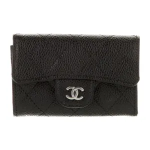 Chanel Small Interlocking CC Logo Wallet Black Quilted Leather Silver Hardware