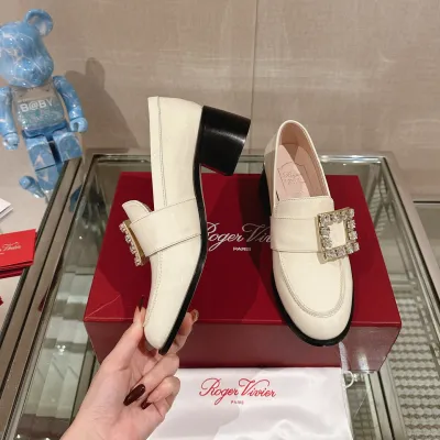 Roger Vivier Viv' Rangers Loafers In White Patent Leather With Crystal Buckle (Heel Height 5.5cm)