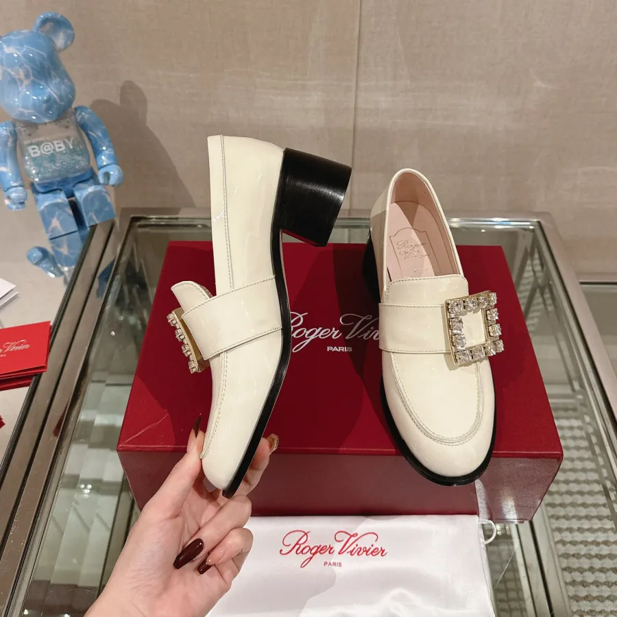 Roger Vivier Viv' Rangers Loafers In White Patent Leather With Crystal Buckle (Heel Height 5.5cm)