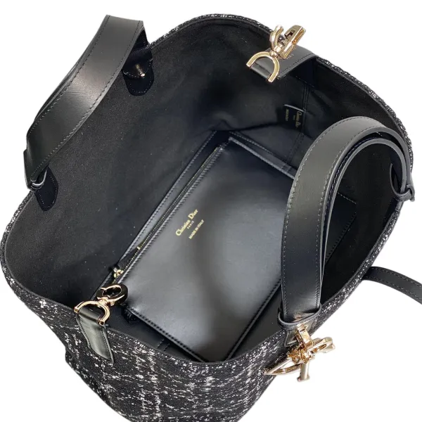 Dior Medium Dior Toujours Bag In Black Tweed with White Cannage Motif With Gold Hardware - Image 4