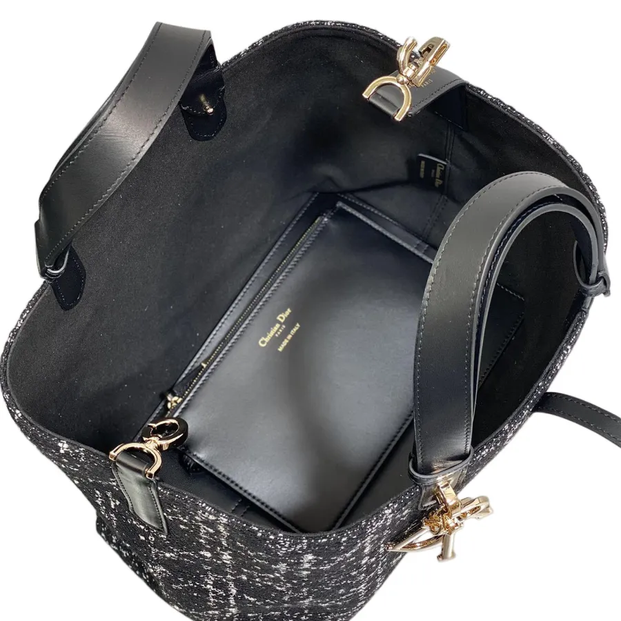 Dior Medium Dior Toujours Bag In Black Tweed with White Cannage Motif With Gold Hardware