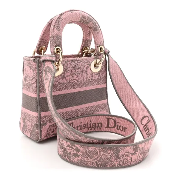 Dior Mini Toile De Jouy Lady D-Lite Grey/Pink Embroidered Canvas Gold Hardware - Image 3