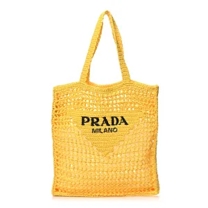 Prada Large Effect Crochet Logo Embroidered Tote Bag Giallo Yarn Raffia