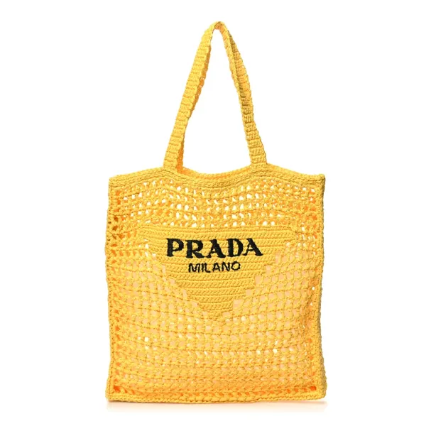 Prada Large Effect Crochet Logo Embroidered Tote Bag Giallo Yarn Raffia