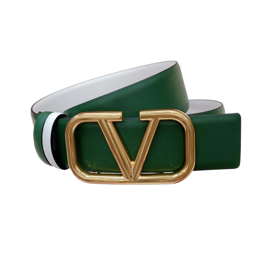 Cinto Valentino V com Fivela em Couro Bezerro Verde/Verde Claro/Vermelho/Azul/Preto/Marrom/Rosa/Nude/Dourado Preto/Dourado Branco com Acabamento Dourado 40mm