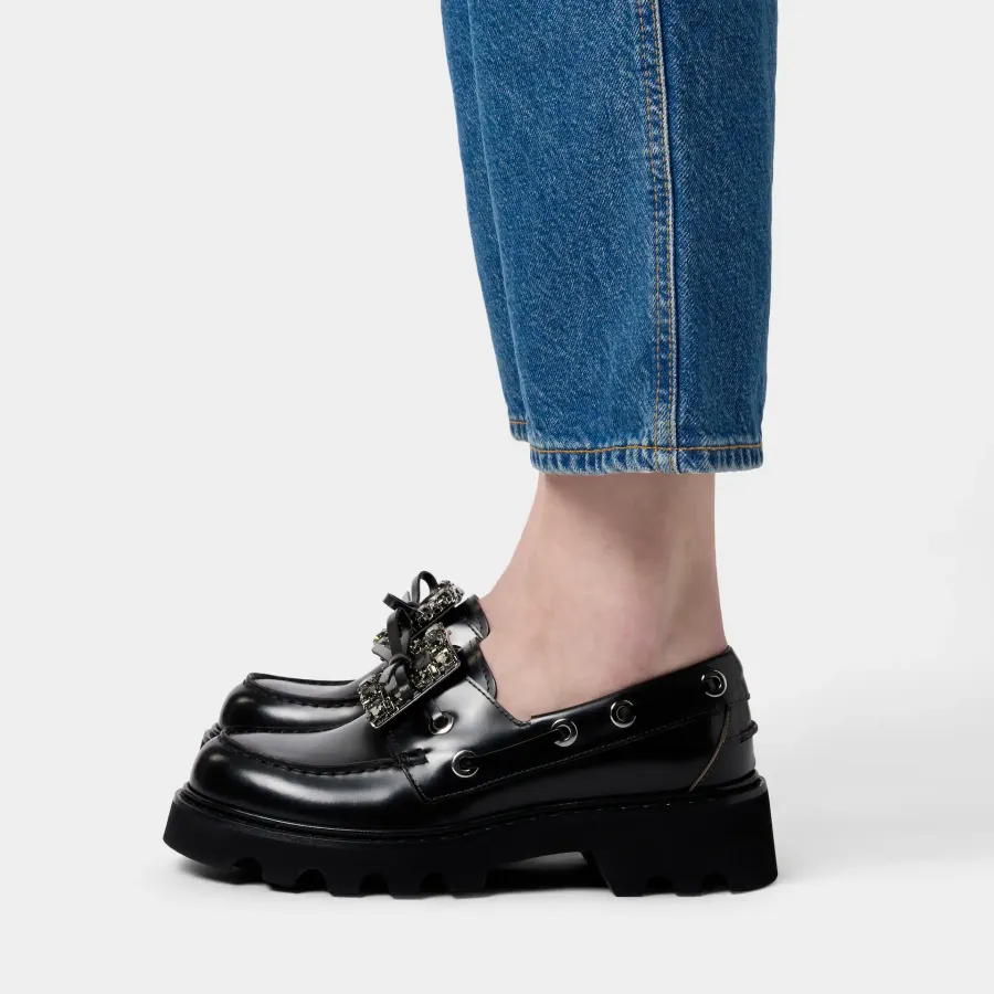 Roger Vivier Viv' Rangers Truck Boat Shoes Loafers In Black Leather With Crystal Buckle (Heel Height 4.5cm)