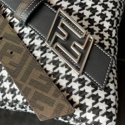 Fendi Men's Faster Reversible Belt In Beige/Black/Brown Calfskin And Monogram Canvas With Gold/Silver Hardware 35mm