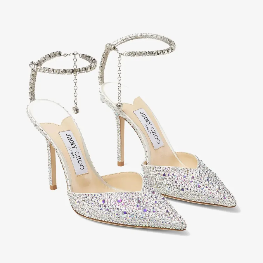 JIMMY CHOO Crystal decorated ivory white satin heels Pointed heels shoes