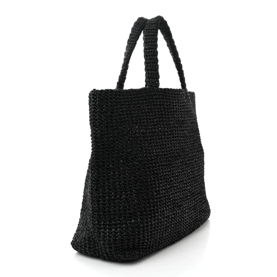 Prada Large Effect Crochet Logo Tote Bag Black Yarn Raffia