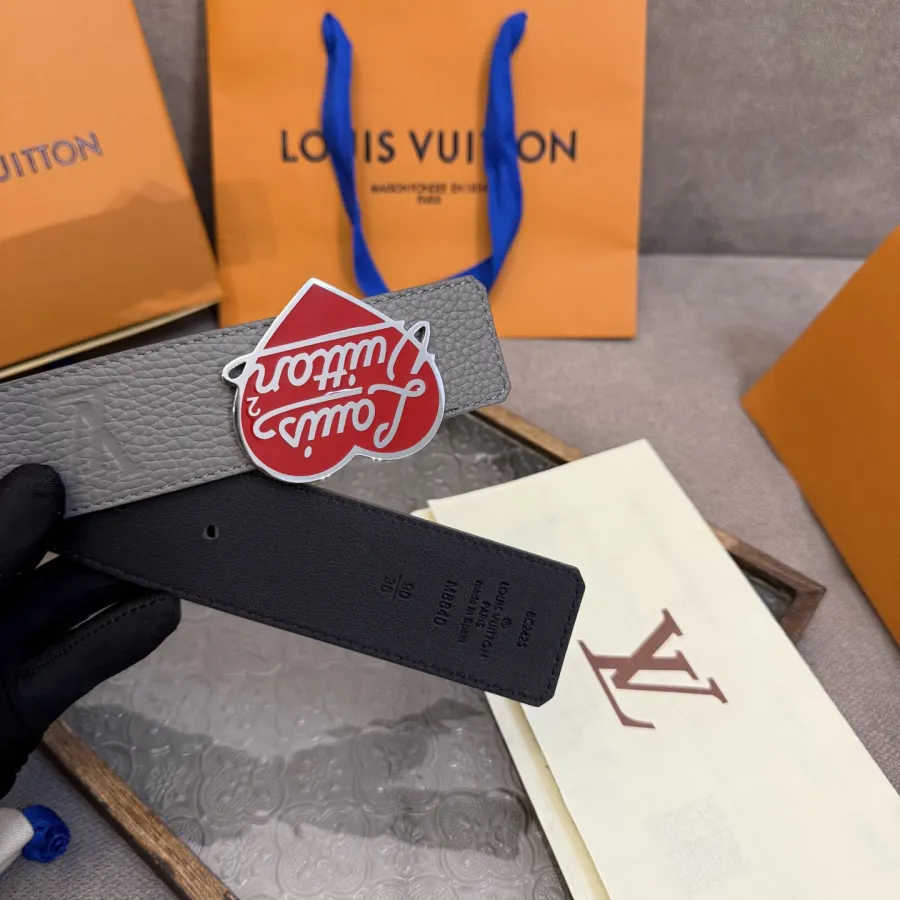 Louis Vuitton Men's Shield LV Heart Buckle Reversible Belt In Grey/Black Calfskin With Silver Hardware 40mm