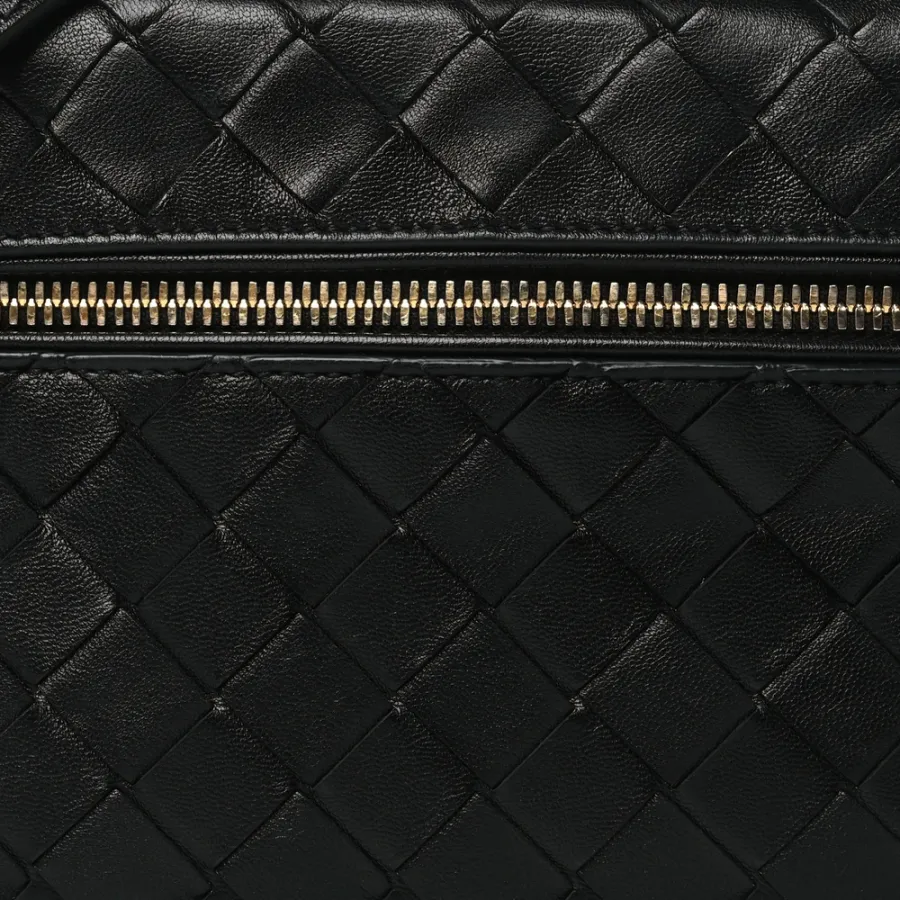 Bottega Veneta Medium Intrecciato Bang Bang Vanity Case Black Calfskin Leather Gold Hardware