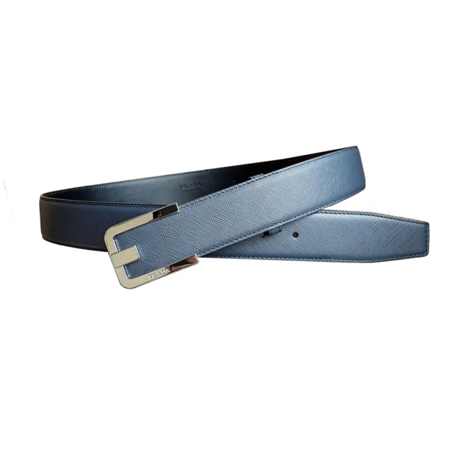 Prada Men' s Square Buckle Belt In Black Saffiano Calfskin With Gold/Silver Hardware 40mm