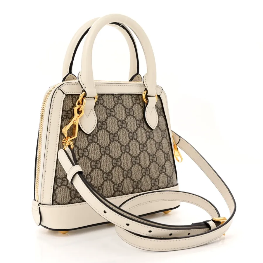Gucci Mini Horsebit 1955 Top Handle Bag Beige / Ebony / Mystic White GG Supreme Monogram Canvas & Azalea Calfskin Leather Gold Hardware