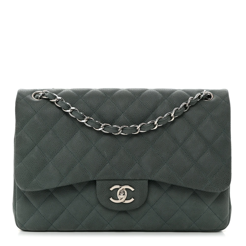 Chanel Double Flap Jumbo em Couro Caviar Verde