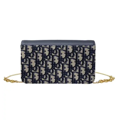 Dior Miss Caro Pouch with Chain In Blue Dior Oblique Jacquard and Smooth Calfskin Gold Hardware