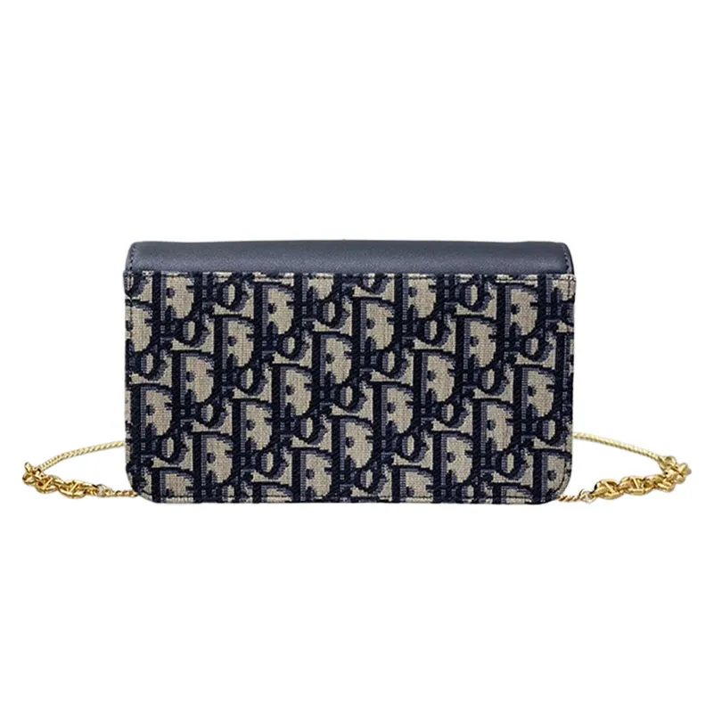 Dior Miss Caro Pouch with Chain In Blue Dior Oblique Jacquard and Smooth Calfskin Gold Hardware