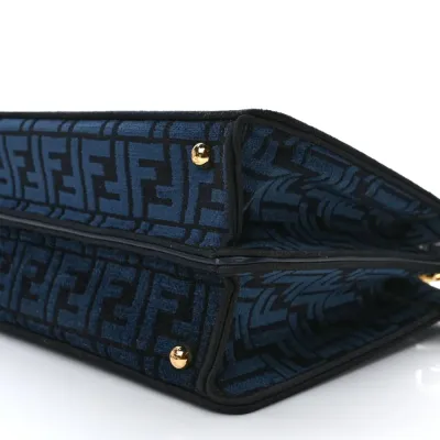 Fendi Medium FF Peekaboo I SEE U Satchel Blue/Black Chenille & Vitello Seta Leather Gold Hardware